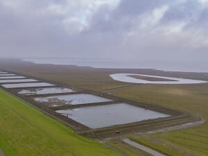 Luchtfoto van het proefgebied in de Dollardkwelder met op de achtergrond de kleiput met broedeiland en op de voorgrond de kleirijperij. Foto: Hunze en Aa’s