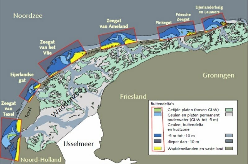 De dieptes van verschillende delen van de Waddenzee, inclusief de buitendelta’s. Bron: RIKZ (Uit: Van den Bogaart e.a.).