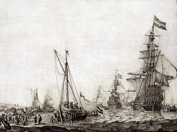 Uitzeilende vloot van de rede van Vlieland Bron: Wikimedia (Willem van de Velde the Elder)