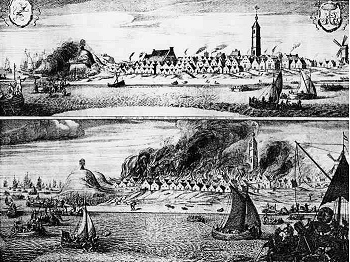 Brandstichting door de Engelsen op West-Terschelling, 1666 Bron: Wikimedia (Harmen de Mayer) Brandstichting door de Engelsen op West-Terschelling, 1666 Bron: Wikimedia (Harmen de Mayer)
