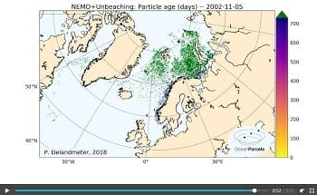 Animatie (Van Sebille e.a.) van deeltjestransport vanuit de Noordzee naar de Noordpool. Bron: NOS Animatie (Van Sebille e.a.) van deeltjestransport vanuit de Noordzee naar de Noordpool. Bron: NOS